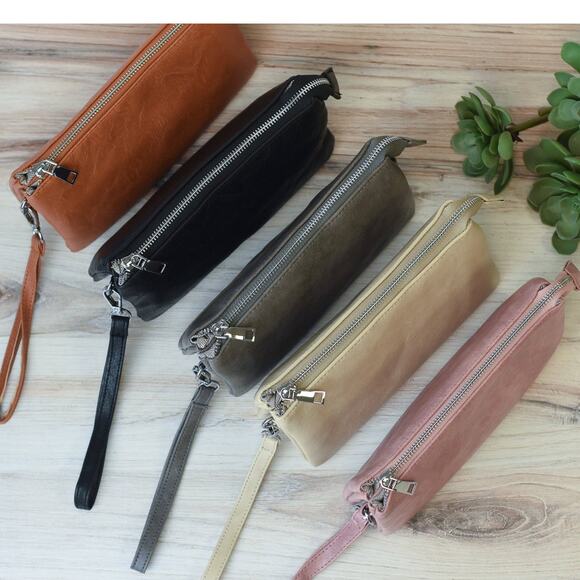 Kayla Vegan Leather Double Zip Clutch Wristlet Crossbody Bone - Picture 3 of 4